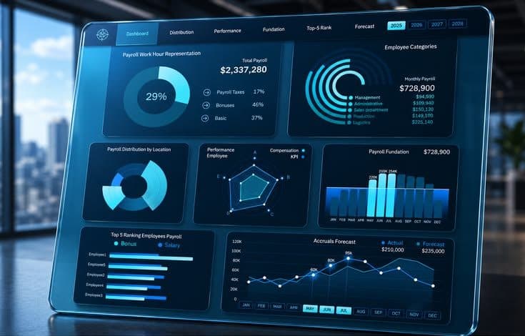 A payroll dashboard showing total cost, distribution by department and an accruals forecast
