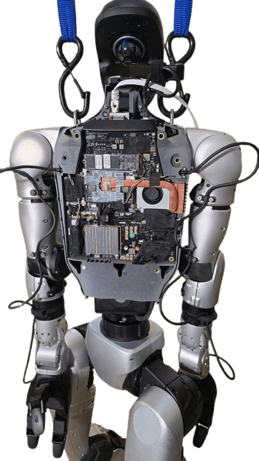 Humanoid robot with its control boards and wiring exposed
