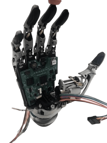 Robotic hand with its circuit board and wiring exposed